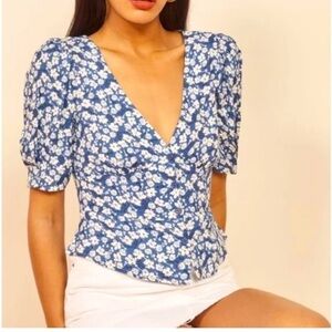 Blue Floral V-Neck Puff Sleeve Top - Women